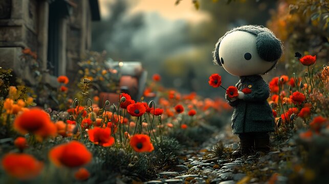 Whimsical Remembrance Day scene with animated characters participating in ceremonies wearing poppies and honoring the occasion