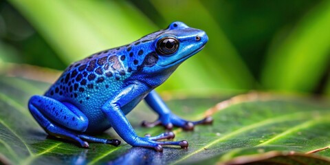 Obraz premium Close-up photo of a macro blue poison dart frog on a leaf, poison dart frog, blue, colorful, nature, wildlife, tropical