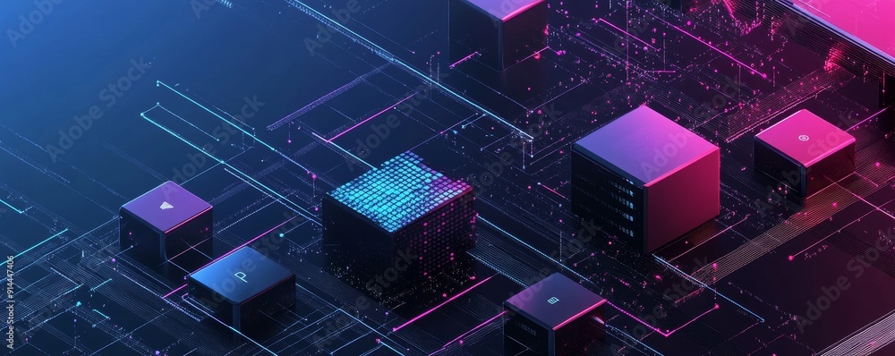 Poster abstract digital network with glowing cubes.