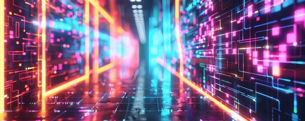Fototapeta premium Abstract digital tunnel with glowing neon lights and vibrant colors.