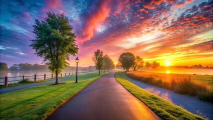 Golden Hues of Dawn Embrace the Jogging Path  generative AI