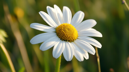 Obraz premium single white daisy with a yellow center, growing in the grassy meadow