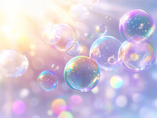 3D soap bubbles floating in the air, catching sunlight and reflecting rainbow colors, with plenty of empty copy space for text or branding. Ideal for kids' events and playful designs. AI