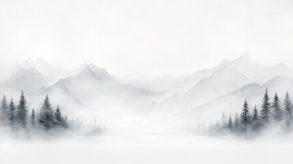 Obraz premium A mountain range with a foggy sky and trees in the foreground