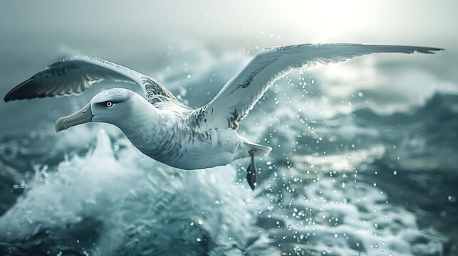 Captivating image of graceful albatross Diomedea genus gliding effortlessly over vast expanse of open ocean wing outstretched ride ocean current unparalleled grace agility symbolizing freedom mastery