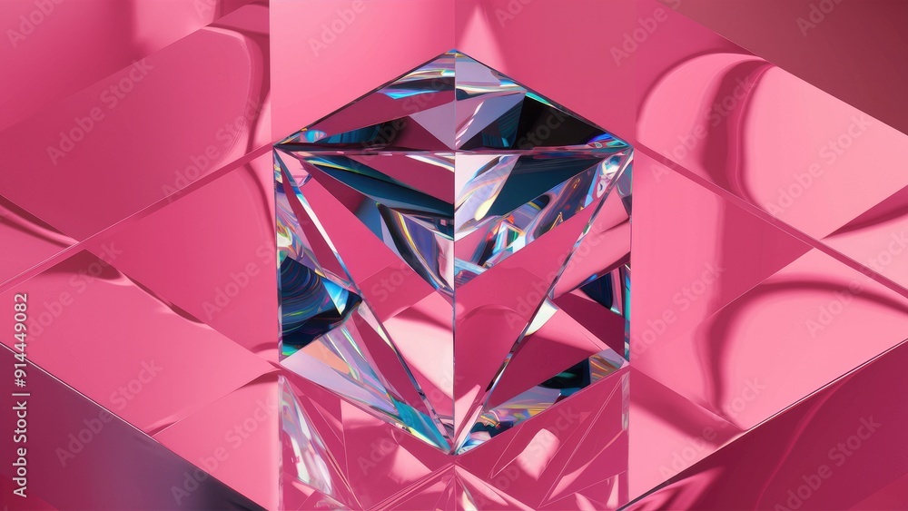 Poster elegant modern 3d rendering of crystal cube structure with pink background featuring geometry refrac