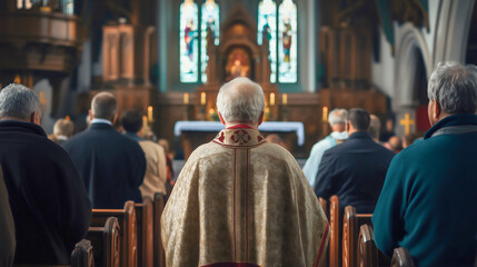 Naklejka premium Holy pray in christian catholic church Old prayer of God Jesus Christ