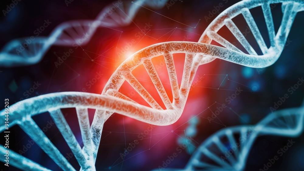 Poster futuristic abstract illustration of a shiny dna molecule on a digital network background with copy s