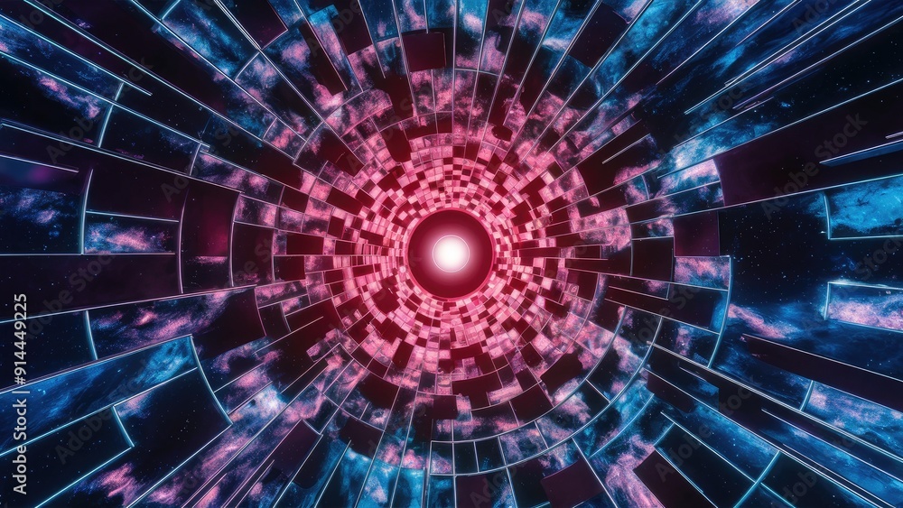 Poster dynamic perspective through a rectangular tunnel with spiral galaxy design