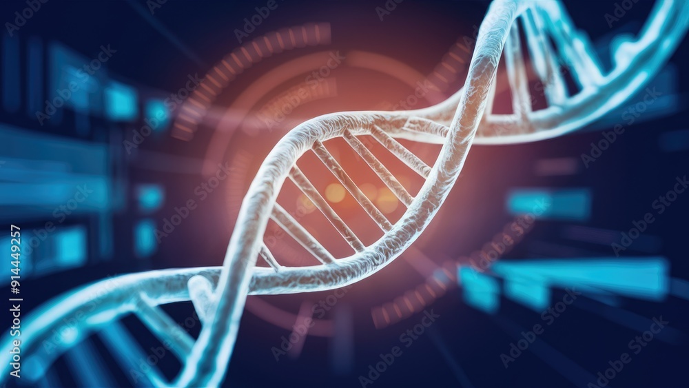 Poster abstract rotating dna molecule on a futuristic background with blurred data visuals