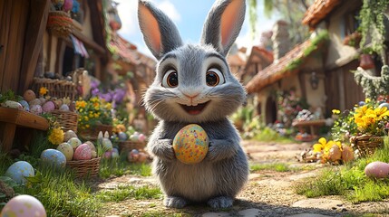 Whimsical Easter celebration in France with animated characters enjoying egg hunts colorful decorations and traditional treats