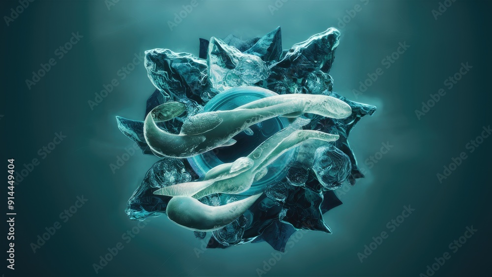 Poster elegant 3d render of aquatic and ice elements in a modern abstract composition