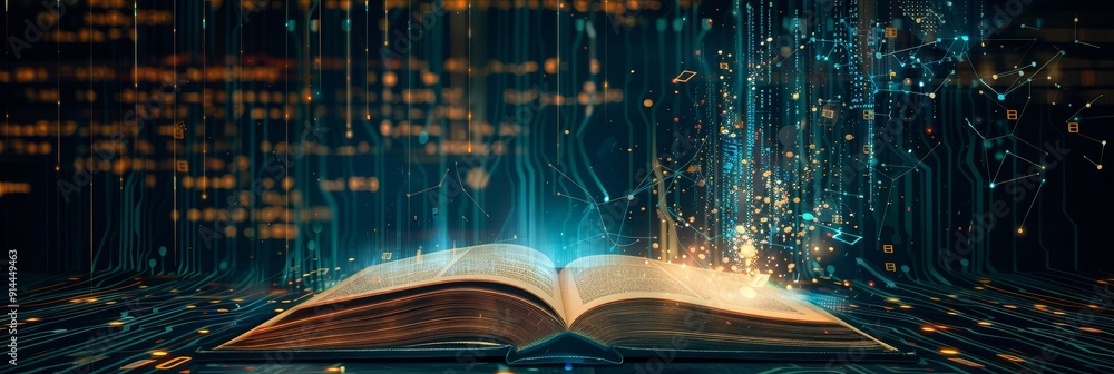 Poster an open book with glowing digital lines and particles emanating from its pages, symbolizing knowledg