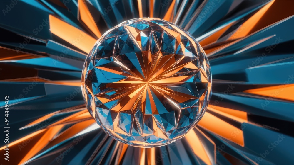 Poster elegant blue and orange crystal sphere with geometric reflection and refraction highquality 3d abstr