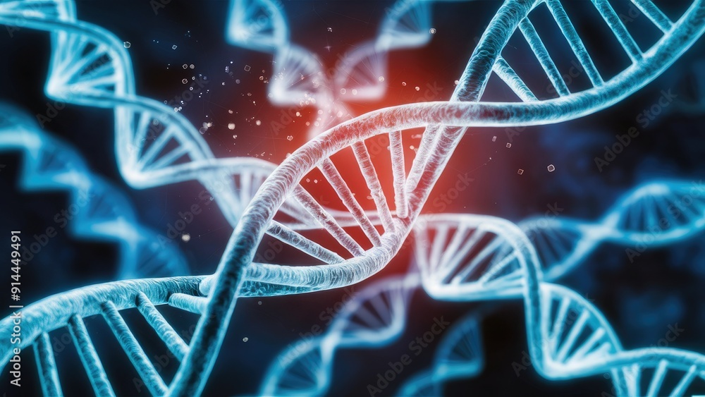 Poster dynamic blue environment featuring a dna double helix with sparkling nodes symbolizing genomic seque
