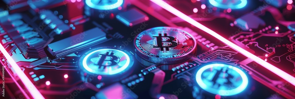 Poster close-up of a bitcoin coin on a circuit board with neon lighting. the image symbolizes innovation, t