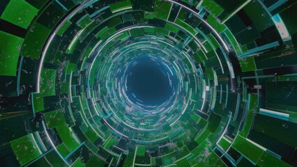 Fototapeta premium Abstract swirling particles in a green and blue digital tunnel background