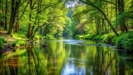 River flowing peacefully through lush green forest , nature, water, stream, landscape, woods, trees, serene