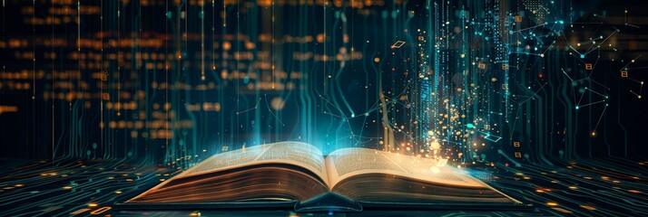 An open book with glowing digital lines and particles emanating from its pages, symbolizing knowledge, digital technology, innovation, connection, and exploration.