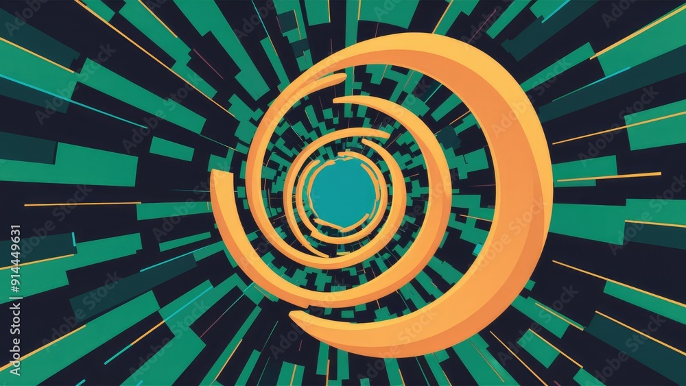 Poster geometric animation featuring spinning rays and a spiral effect visual design illustrating the conce