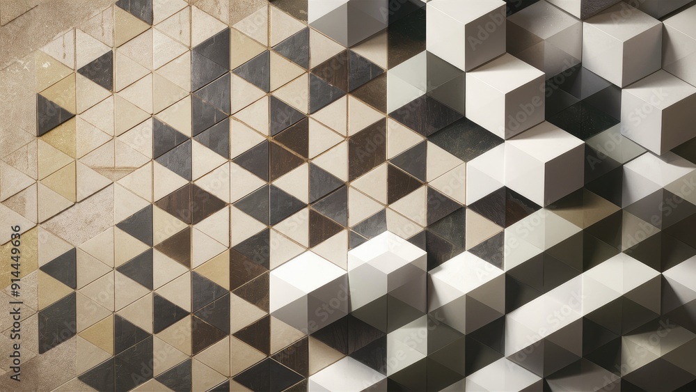 Poster geometric abstract cubes and hexagonal mosaic tile pattern in white and gray tones featuring a vinta