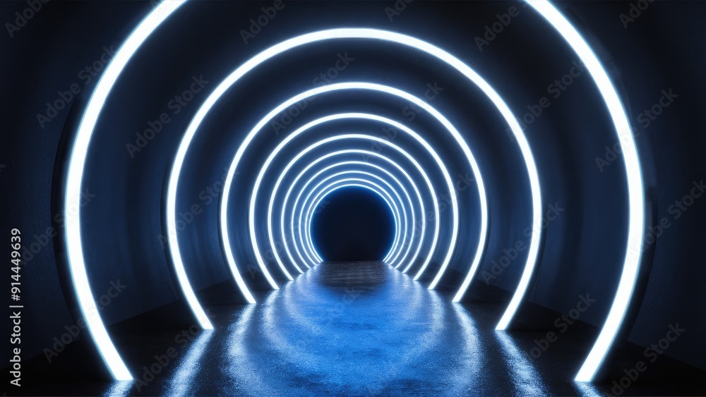 Poster illuminated blue neon light tunnel in a dark environment creating depth and perspective leading to a