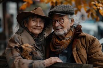 Fototapeta premium Elderly couple with a dog, sitting on a bench and watching the world go by