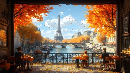 Delightful Parisian cafe scene with animated characters enjoying pastries coffee and a picturesque city backdrop