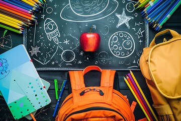 High-definition classroom setup, chalkboard with space drawings, notebook, colored pencils on left, backpack on right, apple in center, text area for product presentation.