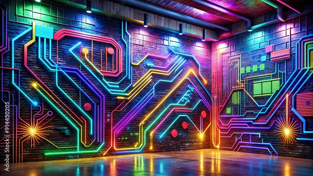 Poster neon grid symphony: a cyberpunk graffiti mural of abstract data flow generative ai