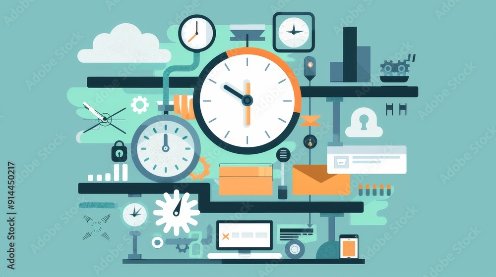 Poster this illustration depicts a complex system of gears, clocks, and other elements, symbolizing efficie