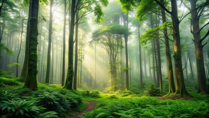 Fototapeta premium Enigmatic misty forest with tall trees and lush green foliage , serene, tranquil, mysterious, misty, foggy, woods, nature