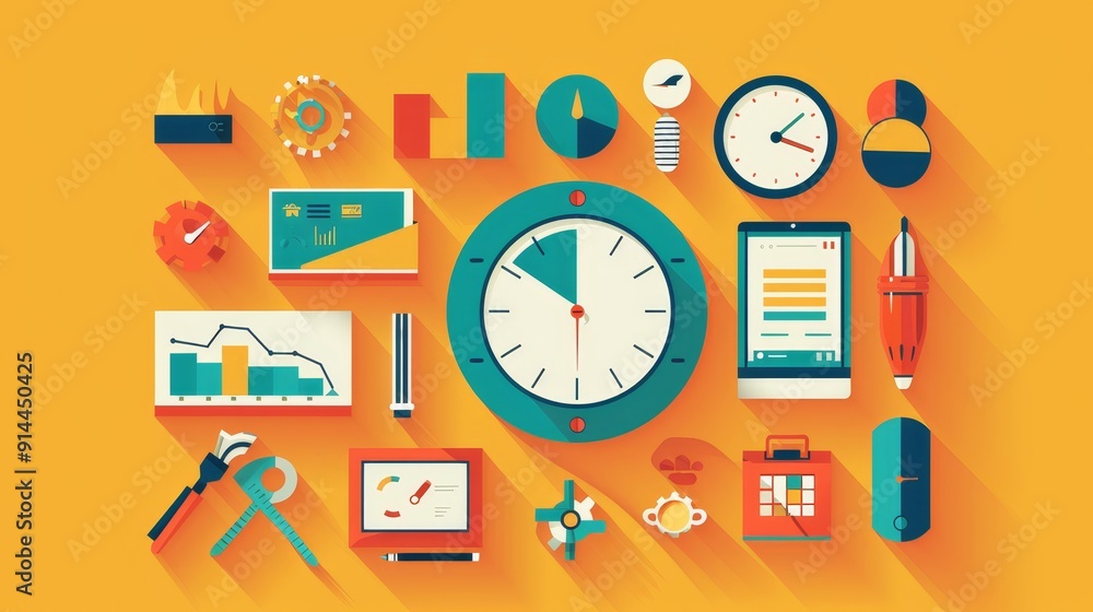 Poster this illustration showcases a variety of time management icons in a flat design style. these icons r