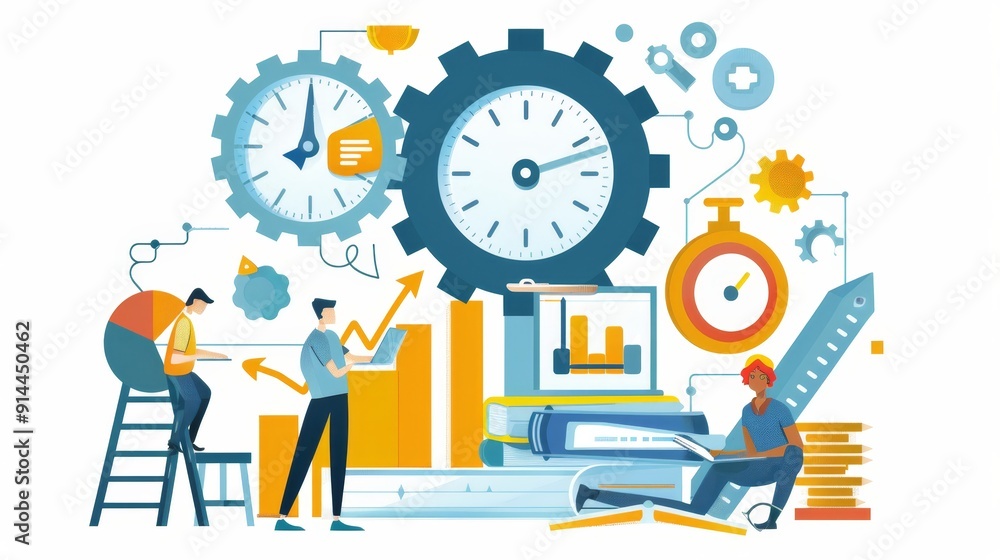 Poster this illustration depicts the concept of time management and productivity, showcasing individuals wo