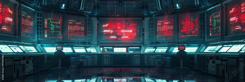 Poster this image showcases a futuristic control room with two operators monitoring a network of screens di