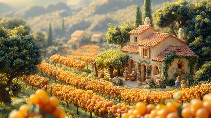 Whimsical French vineyard harvest with animated s enjoying grape picking wine tasting and picturesque scenery