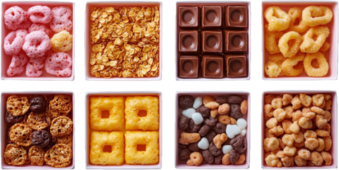 Colorful assortment of snack foods in individual packages displayed for selection