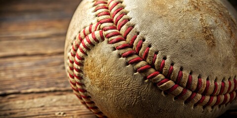 Fototapeta premium Weathered vintage baseball with worn stitching and dirt stains, vintage, baseball, weathered, stitching, dirt stains, sports, old