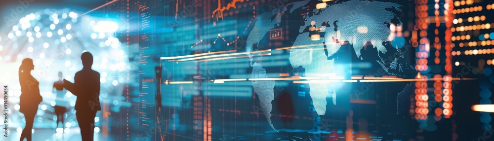 Poster two business professionals stand in front of a futuristic digital background with a world map, repre