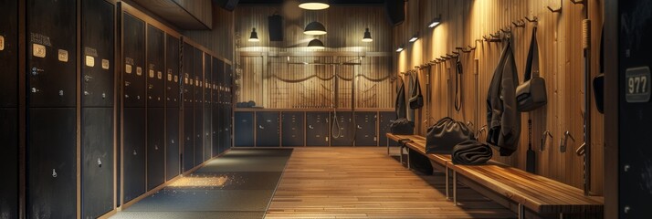 This image showcases a modern locker room with a wooden bench and coat hooks. The locker room features black lockers, a wooden floor, and warm lighting. The image evokes a sense of organization, clean