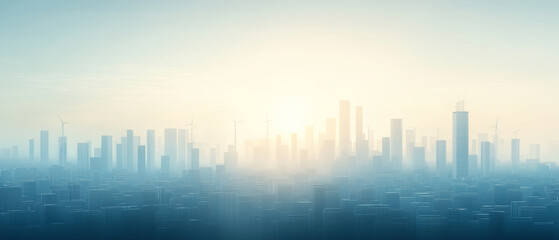 A city skyline with a blue sky and a sun in the background
