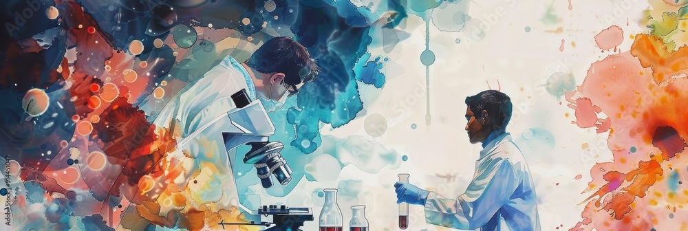 Poster two scientists collaborating in a laboratory setting, represented by abstract watercolor splashes sy