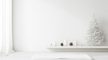 Fototapeta premium A white room with a white Christmas tree and candles on a shelf