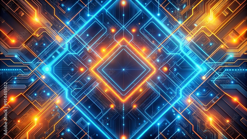 Poster abstract tech interface: neon blue and orange geometric forms generative ai