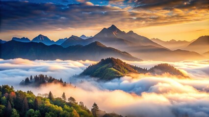 Obraz premium Thick morning fog enveloping mountain peaks, creating a serene and misty scene, fog, mountains, mist, morning, serene