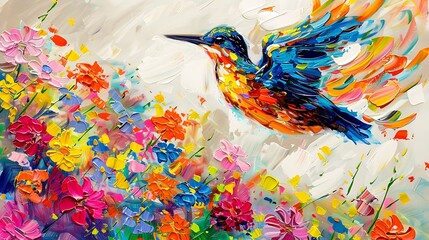 A vibrant bird taking flight from a bed of colorful flowers, with bold brushstrokes and dynamic movement
