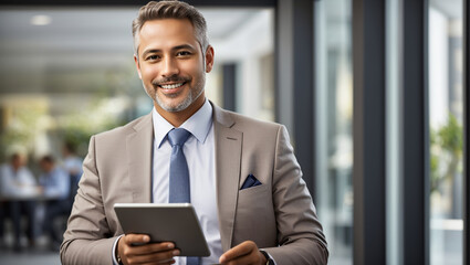 Fototapeta premium a man in a suit, holding a tablet and smiling. He has gray hair and glasses.