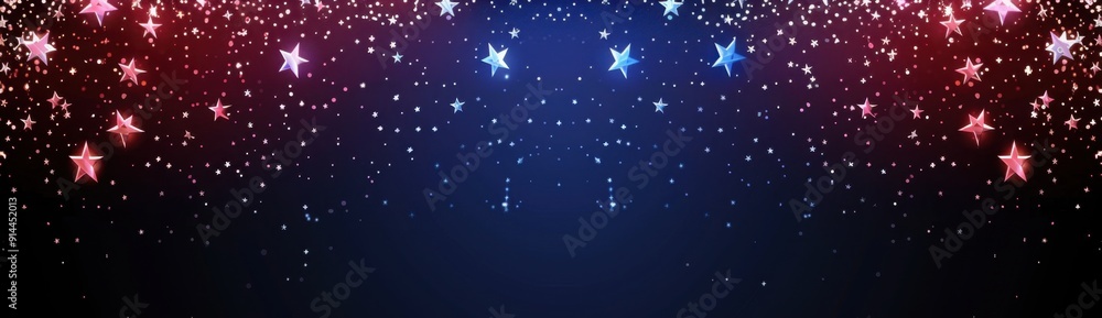 Poster red, white and blue background with stars on the bottom edge the color gradient is from red to navy 