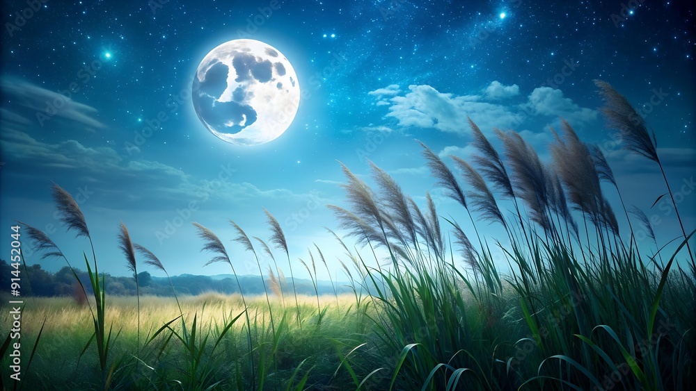 Wall mural serene moonlight over a tranquil meadow ai generated