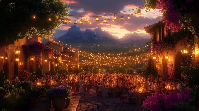Vibrant French summer soiree with animated characters dancing enjoying wine and a picturesque evening setting